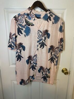 NATIVE YOUTH Pink Tropical Button-Down Shirt with Blue Leaf Print